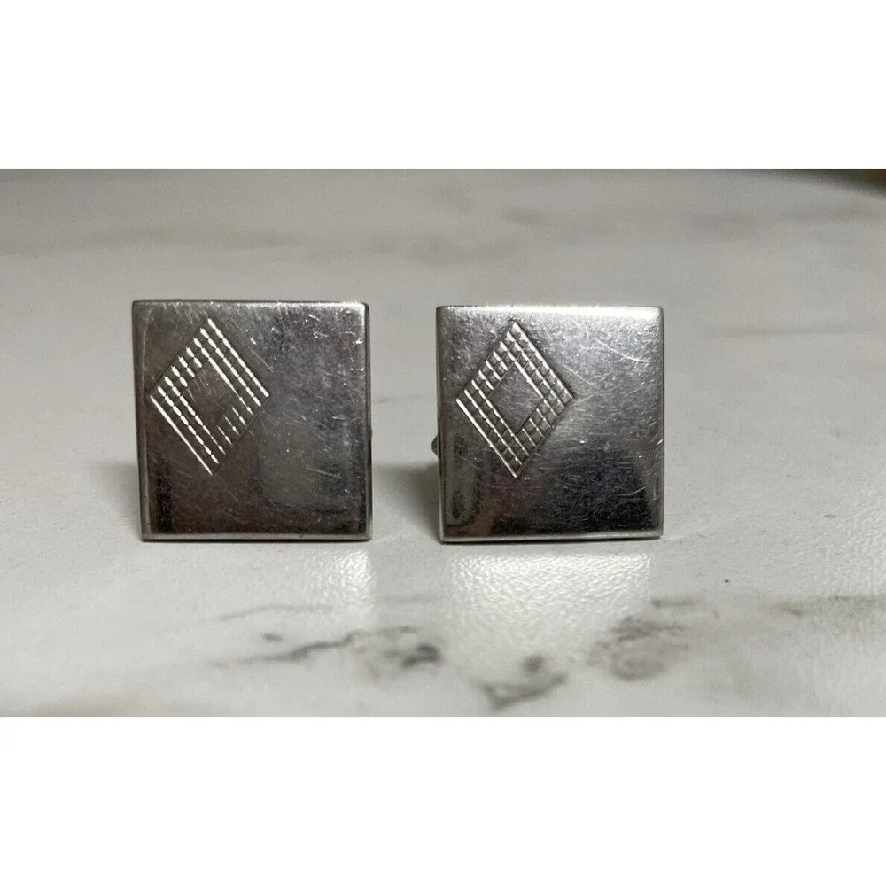 Mid Century Swank Cuff Links Square‎ Diamond Embossed Vintage MCM Silver